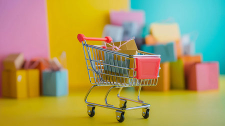 Miniature shopping cart filled with packages on a vibrant yellow and pink background, representing online shopping and retail.の素材