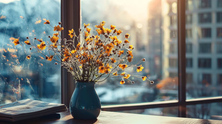 Yellow flowers in a vase on a desk by a large window with a cityscape view, creating a calm and beautiful indoor setting.の素材