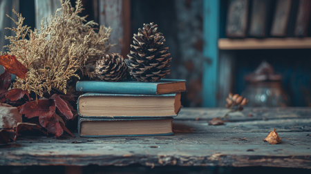 A stack of vintage books and pine cones on a rustic wooden table, creating a nostalgic and cozy autumn atmosphere with natural decor elements.の素材