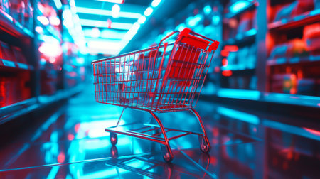 An empty shopping cart in a supermarket aisle illuminated by neon red and blue lights, creating a futuristic, cyberpunk atmosphere.の素材
