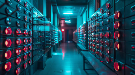 Modern server room with rows of cabinets illuminated by red and blue indicator lights, representing data storage, technology, and cybersecurity infrastructure.の素材