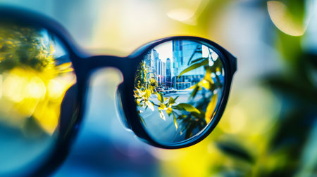 Close-up of cityscape reflected in a pair of sunglasses with vibrant yellow-green tones, emphasizing urban life, style, and perspective.の素材