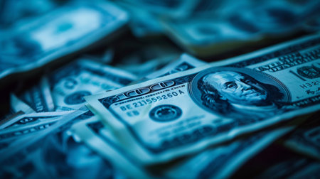 Close-up view of a pile of U.S. dollar bills with a cool blue-toned lighting, symbolizing wealth, finance, and economic power.の素材