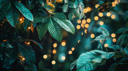 Close-up of lush green leaves with warm fairy lights creating a magical and serene nighttime atmosphere, perfect for nature and decor concepts.の素材