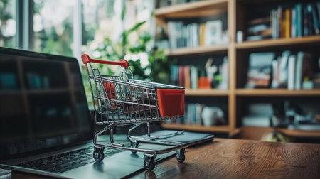 A miniature shopping cart sits on a laptop, surrounded by a cozy home environment, symbolizing online shopping, e-commerce, and modern consumer habits.の素材