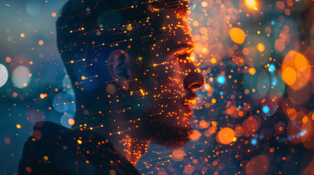 Side profile of a man illuminated by digital particles and warm bokeh light effects, symbolizing connection, technology, and contemplation.の素材