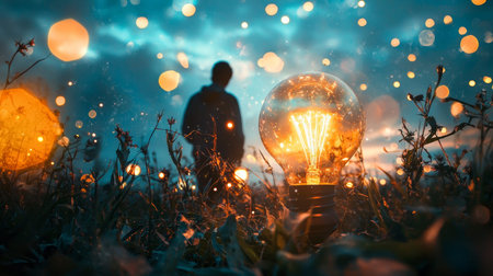 A glowing light bulb outdoors with blurred bokeh lights and a silhouetted figure in the background, evoking ideas of inspiration and creativity in nature.の素材
