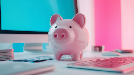 A pink piggy bank on a modern office desk with vibrant blue and pink lighting, symbolizing savings, financial management, and personal finance.の素材