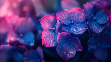 Close-up of purple and pink hydrangea flowers in soft, dreamy lighting, symbolizing natural beauty, floral elegance, and tranquility.の素材