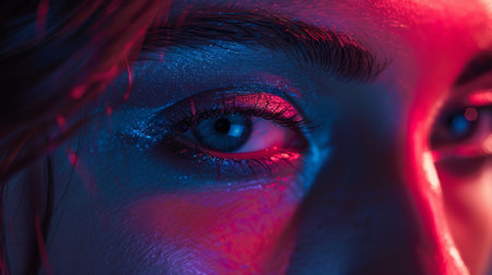 Close-up of a human eye with bright neon lights reflecting in the skin, creating a modern and futuristic atmosphere of intrigue and beauty.の素材