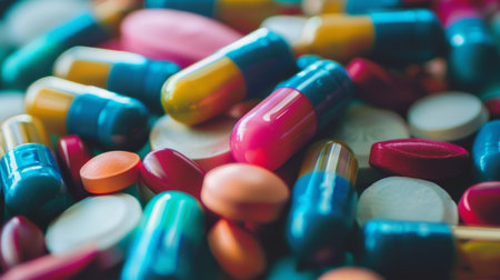 A close-up view of a variety of colorful capsules and tablets, representing pharmaceuticals, medication, and the health industry.の素材