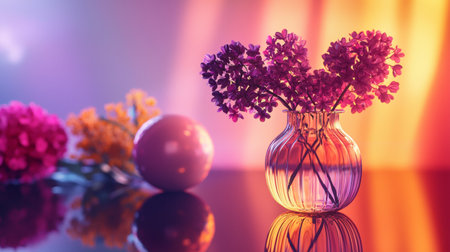 A vibrant arrangement of purple and orange flowers in a glass vase against a soft, warm background, evoking beauty and elegance in interior decor.の素材