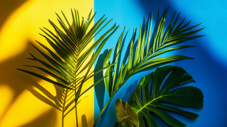A vibrant composition of tropical green leaves against a split yellow and blue background, highlighting a fresh, summer-inspired aesthetic.の素材