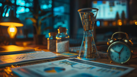 A desk setup with financial charts, coins stacked in an hourglass, and a vintage alarm clock, symbolizing time, money, and financial growth.の素材