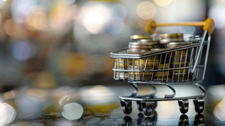 A miniature shopping cart filled with coins, symbolizing e-commerce, online transactions, and consumer spending. Perfect for finance and economy themes.の素材