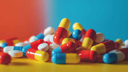 A pile of various pills and capsules in vibrant colors, symbolizing medication, healthcare, and pharmaceutical industry. Useful for medical and health-related content.の素材