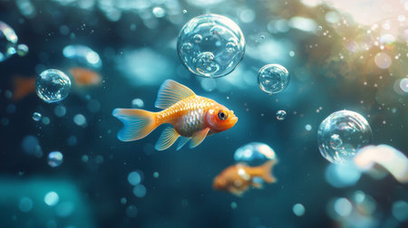 A goldfish swimming with bubbles in an underwater scene, creating a peaceful and lively aquatic atmosphere. Perfect for themes of nature, pets, and marine life.の素材