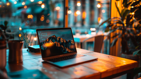 An open laptop on a wooden table in a cafe with warm, cozy lighting, creating an inviting workspace or remote work atmosphere.の素材
