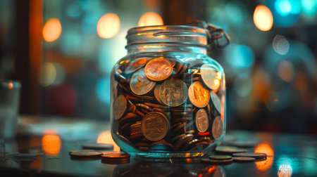 A glass jar filled with coins sits on a table against a warm bokeh background, symbolizing savings, wealth, and financial planning.の素材