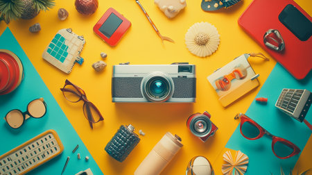 Flat lay of retro travel and photography items on a colorful yellow and turquoise background, symbolizing travel, nostalgia, and adventure.の素材