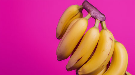 Cluster of ripe bananas against a vibrant pink background, emphasizing tropical fruit, freshness, and bright colors.の素材