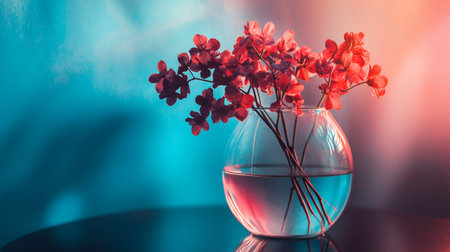Bunch of red flowers in a round glass vase set against a blue background, capturing a colorful and elegant floral arrangement.の素材