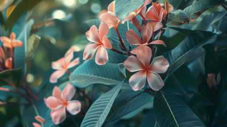 Close-up of pink tropical flowers blooming among green leaves, representing nature, beauty, and tranquility in a lush setting.の素材
