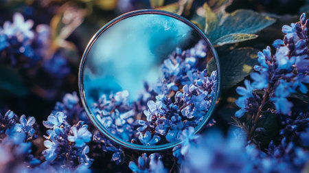 A small mirror reflecting blue flowers in close-up, creating an artistic and serene composition with vivid colors and delicate blooms.の素材