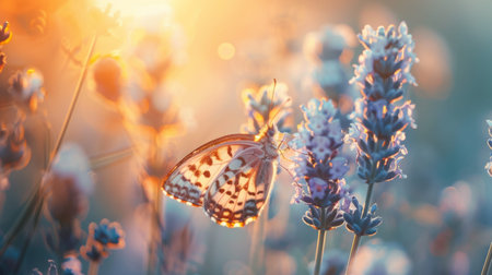 A close-up of a butterfly perched on lavender blossoms with warm, golden sunlight in the background, evoking serenity and natural beauty.の素材