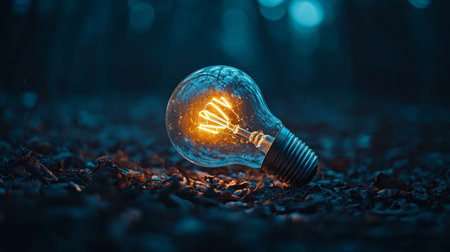 A glowing light bulb resting on the forest floor in a dark setting, symbolizing ideas, inspiration, and creativity in nature.の素材
