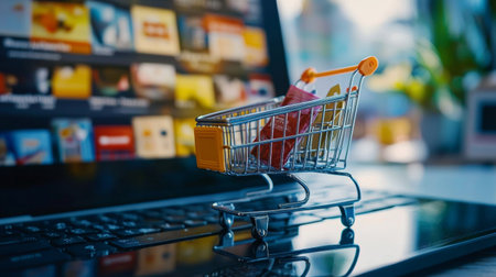 A small shopping cart placed on a laptop keyboard, symbolizing the concept of online shopping, e-commerce, and digital retail.の素材