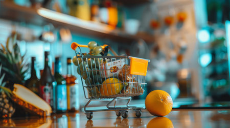 A miniature shopping cart filled with fruits and groceries placed in a cozy kitchen setting, symbolizing food shopping, home cooking, and fresh produce.の素材