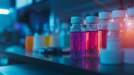 A row of glass bottles with colorful liquids in a modern laboratory setting, symbolizing scientific research, experiments, and chemistry.の素材