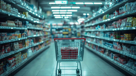 A shopping cart positioned in the aisle of a supermarket with fully stocked shelves, representing grocery shopping and consumer lifestyle.の素材