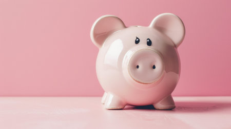 A classic ceramic piggy bank set against a solid pink background, symbolizing savings, finance, and personal investment.の素材