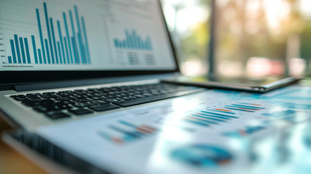 A laptop displaying financial charts and graphs on the screen in a bright, sunlit office, symbolizing data analysis, finance, and productivity.の素材