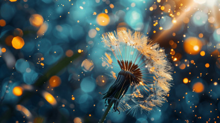 A delicate dandelion in close-up with vibrant blue and orange bokeh in the background, capturing a magical and serene natural scene.の素材