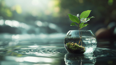 A small green plant with flowers growing in a glass bowl, floating on calm water, representing peace, growth, and connection to nature.の素材