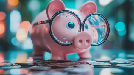 A pink piggy bank wearing glasses, placed among coins, representing financial planning, savings, and investment in a whimsical, fun way.の素材