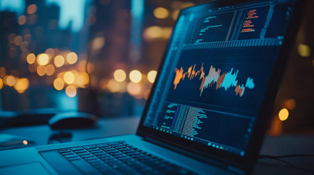 Laptop screen displaying stock market data with a blurred bokeh city background, symbolizing finance, trading, and digital investment.の素材
