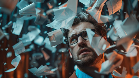 Portrait of a man with glasses looking up as papers float around him, symbolizing stress, overload, and business challenges.の素材