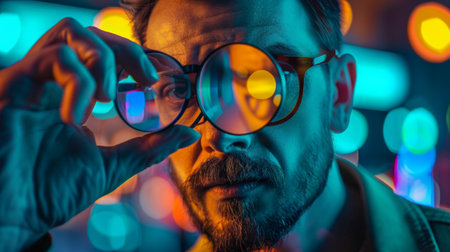 A close-up of a man wearing tinted glasses, illuminated by neon lights, creating a bold, colorful, and contemporary portrait, symbolizing modern style and attitude.の素材