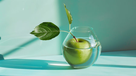 A fresh green apple immersed in a glass of water on a mint-colored background, highlighted by natural light, perfect for wellness, health, and minimalism themes.の素材