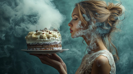 A portrait of a woman holding a vintage decorated cake with smoke effects, set against a moody, teal background. Mysterious and whimsical, perfect for fantasy or celebration themes.の素材