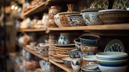 A variety of handcrafted ceramic bowls with intricate designs displayed on a wooden shelf in a store. The blurred background adds depth, enhancing the artistry of each unique bowl.の素材