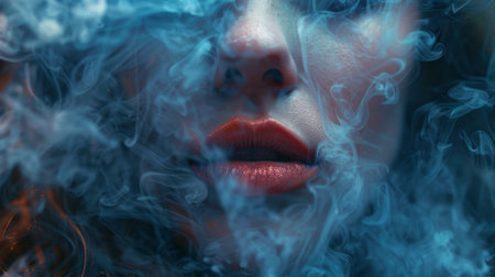 Artistic close-up of red lips partially obscured by ethereal blue smoke, creating a mysterious and dramatic visual with sensual and surreal elements.の素材