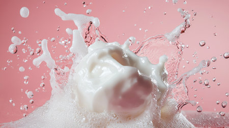 A close-up of milk splashing with bubbles, creating a dynamic effect against a pink background. Ideal for themes related to dairy, freshness, and food advertisement.の素材