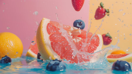 A lively and colorful splash of citrus and berries including grapefruit, lemon, strawberries, and blueberries, set against a pastel background, creating a fresh, vibrant scene.の素材