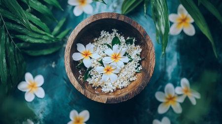 A wooden bowl filled with fresh plumeria flowers, surrounded by tropical green leaves on a teal background, creating a serene and natural spa-like ambiance.の素材