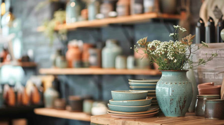 Interior of a rustic pottery shop displaying handcrafted ceramic dishes and vases on shelves, creating a cozy and artisanal atmosphere filled with craftsmanship.の素材